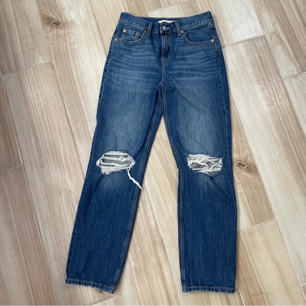 Levi's Blue Straight Leg Jeans with Distressed Details